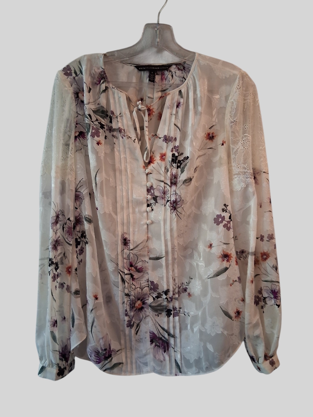 WHBM Floral Lace Chiffon Blouse in White Size 6 - Picture 3 of 7